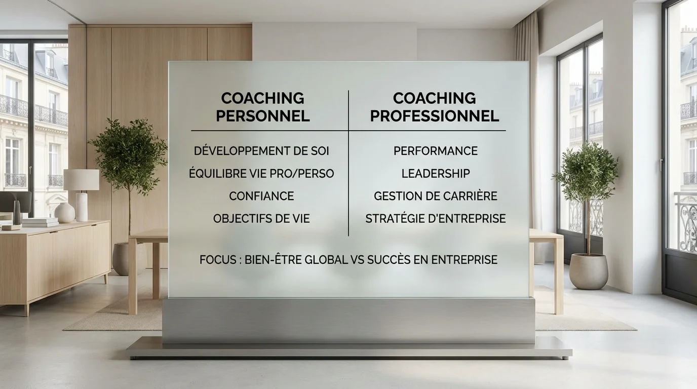 Tableau comparatif entre coaching personnel et coaching professionnel dans un cadre professionnel