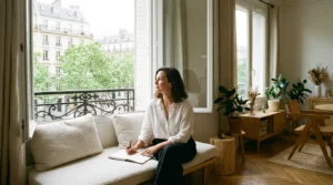 Personne en réflexion dans un espace lumineux symbolisant le coaching de vie en France