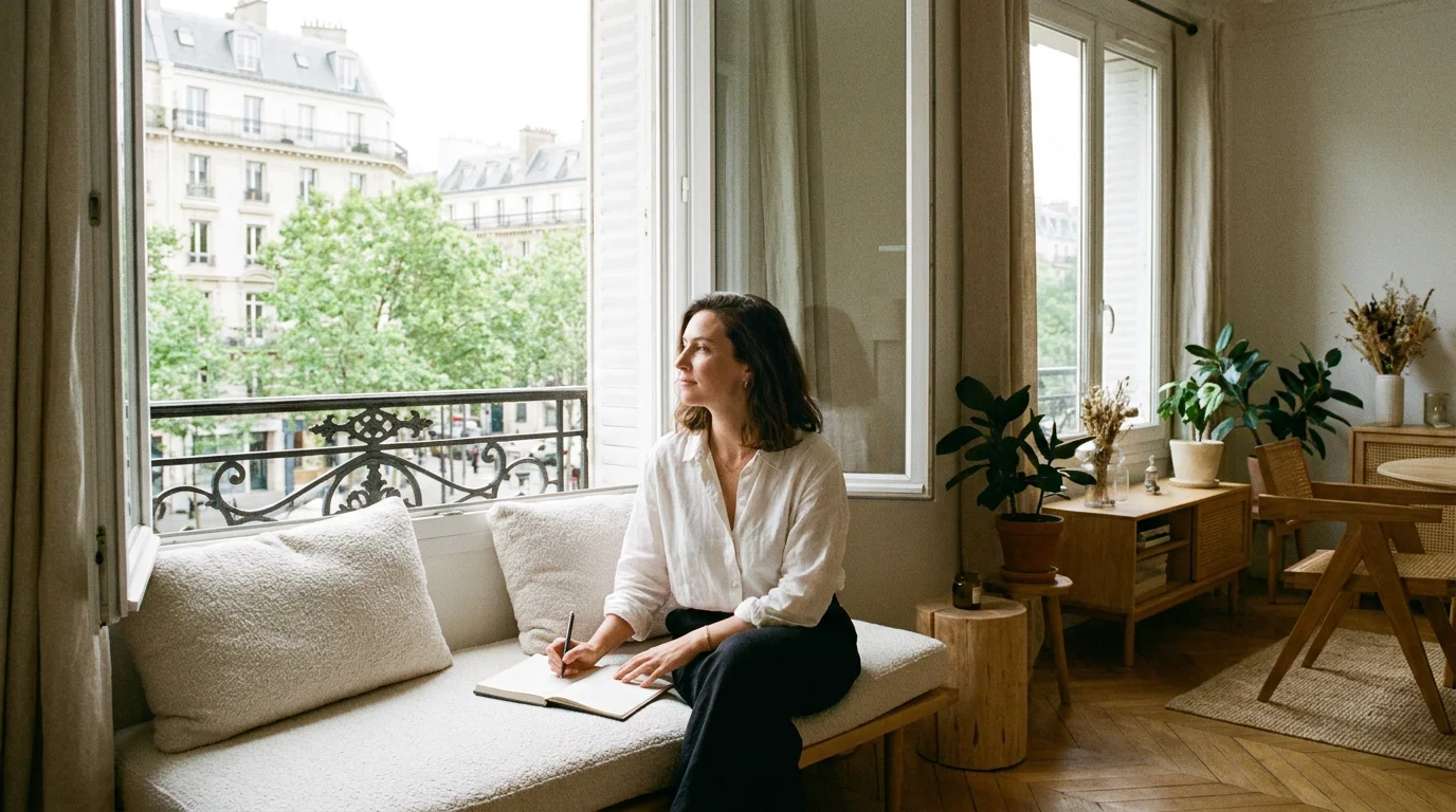 Personne en réflexion dans un espace lumineux symbolisant le coaching de vie en France