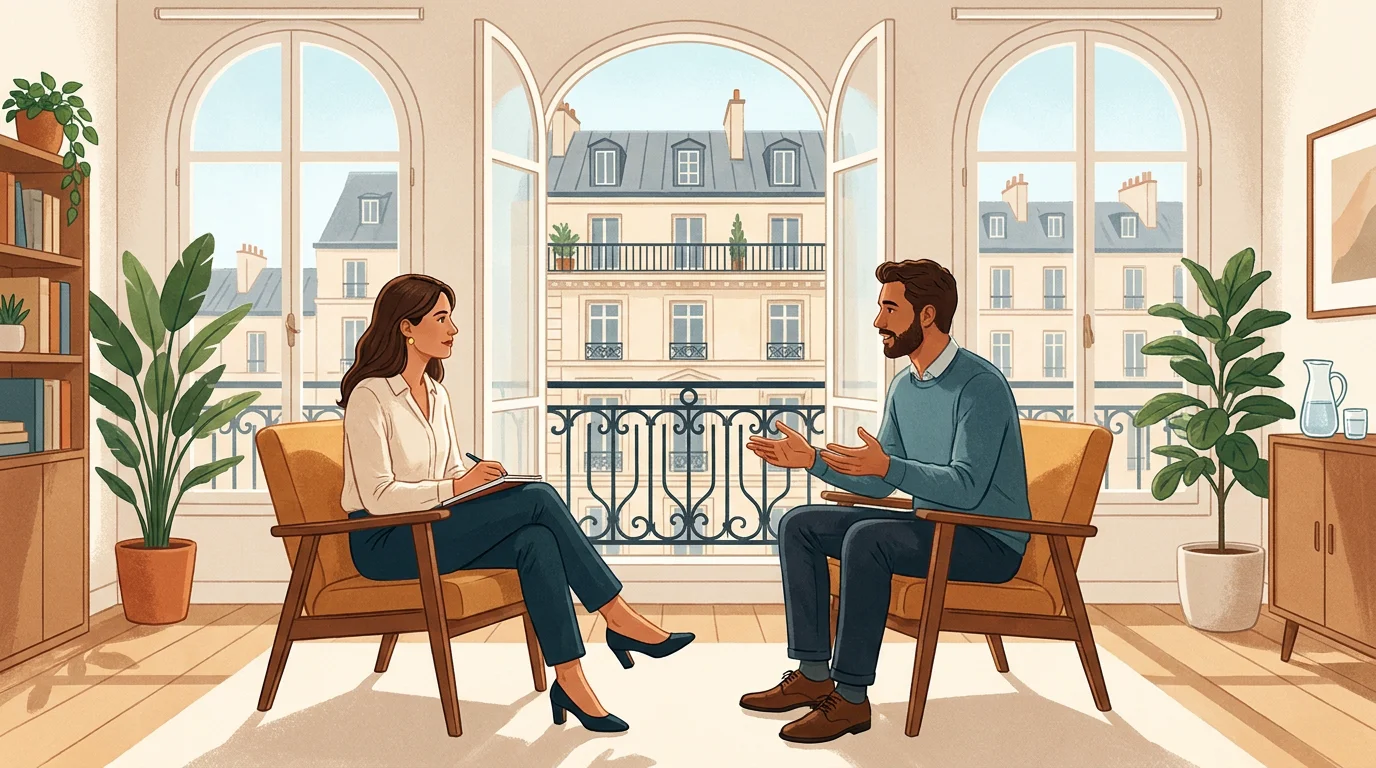 Séance de coaching de vie entre un professionnel et son client dans un cadre moderne en France