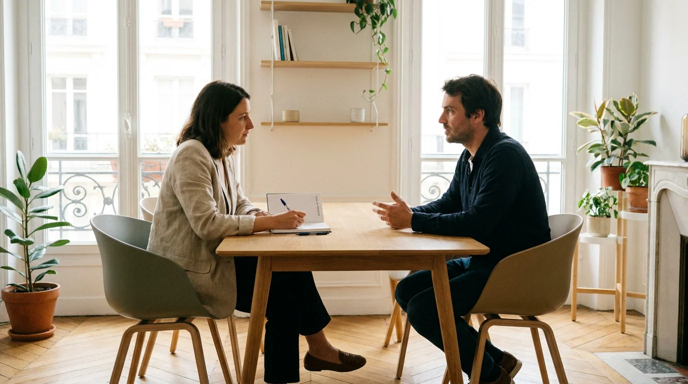 Séance de coaching de vie entre un coach et son client dans un cadre professionnel en France
