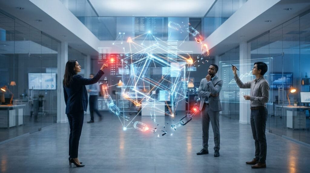 Une équipe de professionnels examine une structure numérique complexe en 3D dans un bureau moderne.