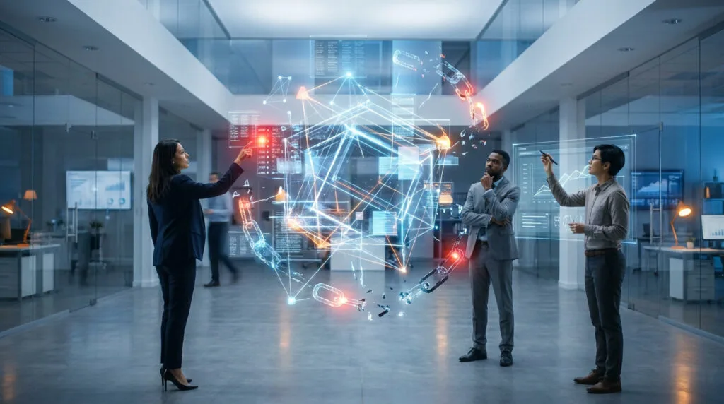 Une équipe de professionnels examine une structure numérique complexe en 3D dans un bureau moderne.