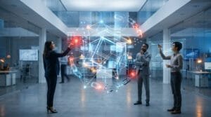 Une équipe de professionnels examine une structure numérique complexe en 3D dans un bureau moderne.