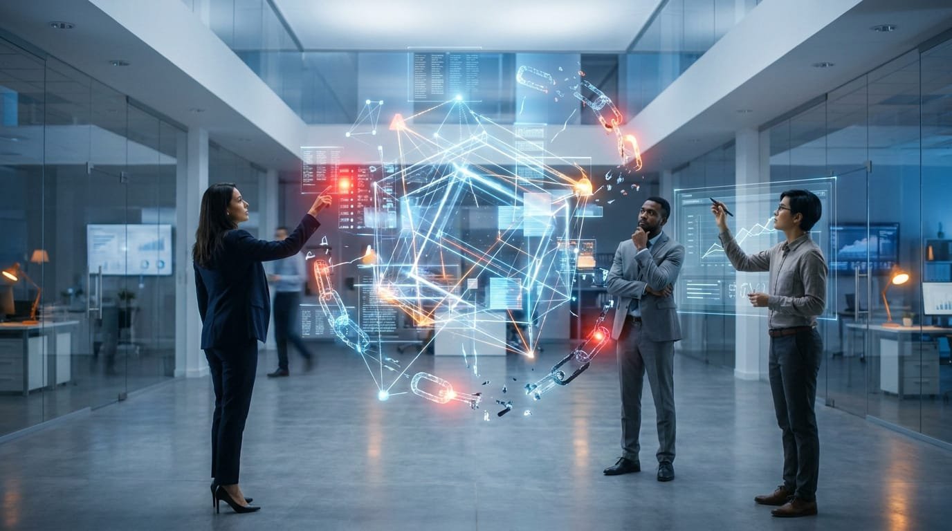 Une équipe de professionnels examine une structure numérique complexe en 3D dans un bureau moderne.