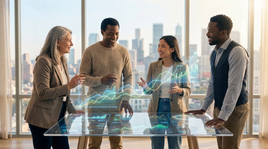 Une équipe diversifiée analysant des graphiques financiers numériques sur une table interactive avec une ville en arrière-plan.