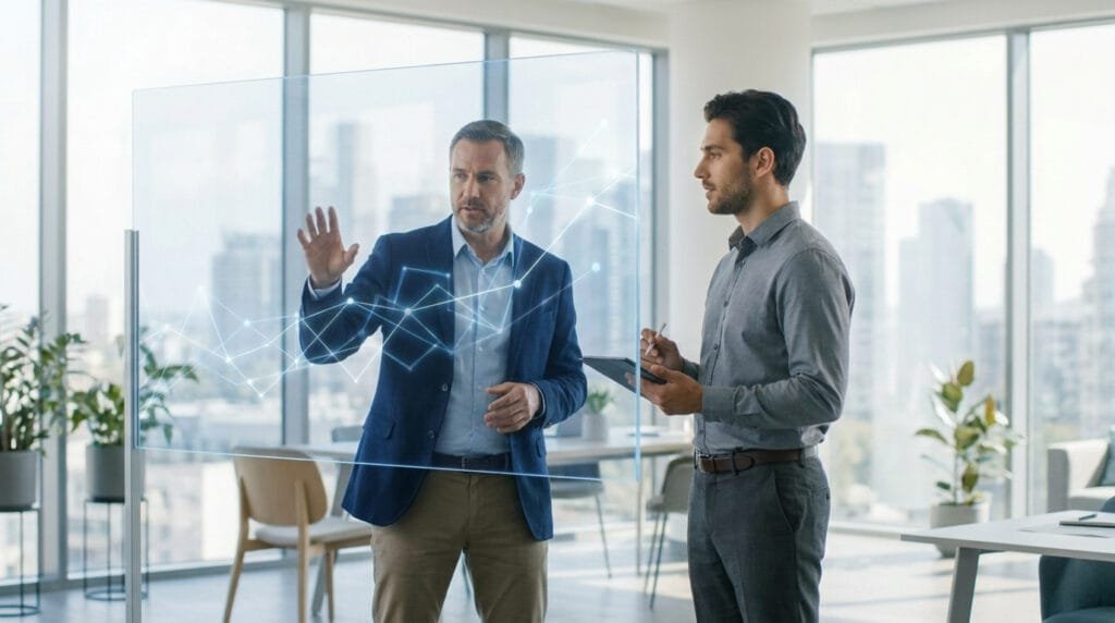 Deux managers travaillant sur un écran tactile transparent affichant des données numériques dans un bureau moderne.
