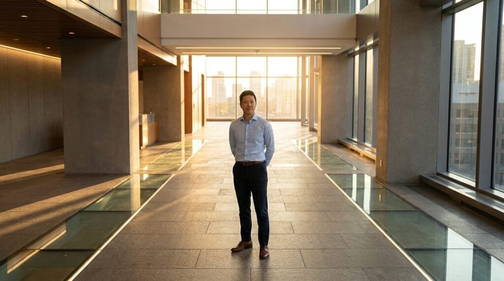 Un homme d'affaires confiant debout dans un hall moderne et lumineux au coucher du soleil.