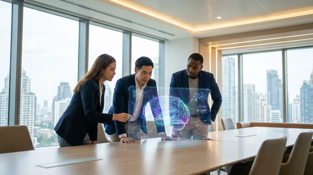 Trois professionnels analysant une interface holographique 3D d'un cerveau humain dans une salle de conférence moderne.