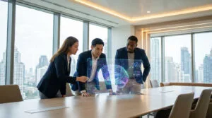 Trois professionnels analysant une interface holographique 3D d'un cerveau humain dans une salle de conférence moderne.