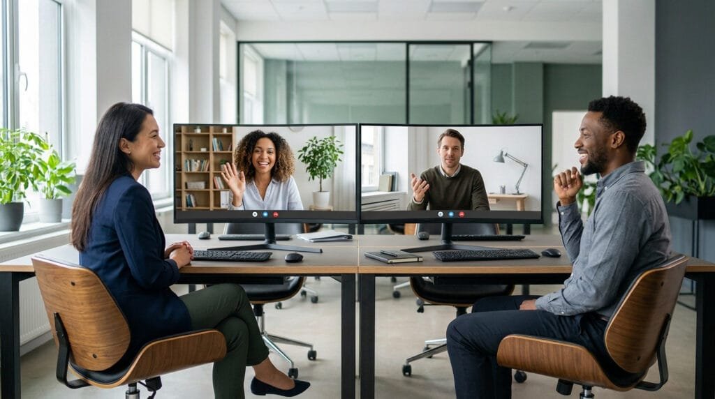 Deux collègues dans un bureau moderne discutent en visioconférence avec deux autres personnes sur leurs écrans.
