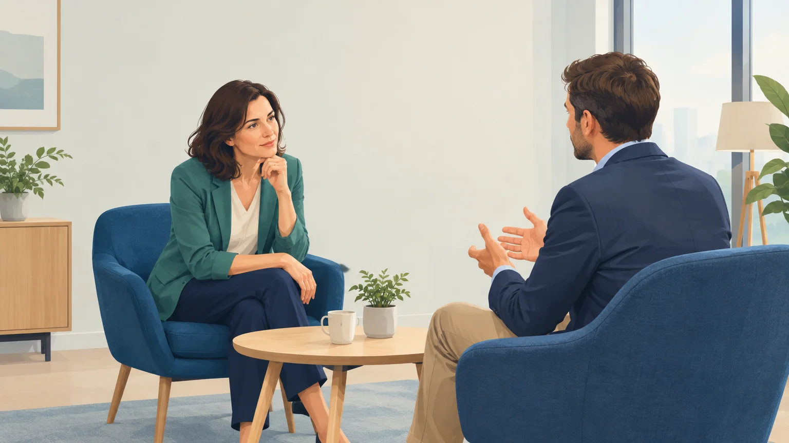 Un HRBP accompagne un manager par l’écoute et le questionnement dans un échange professionnel